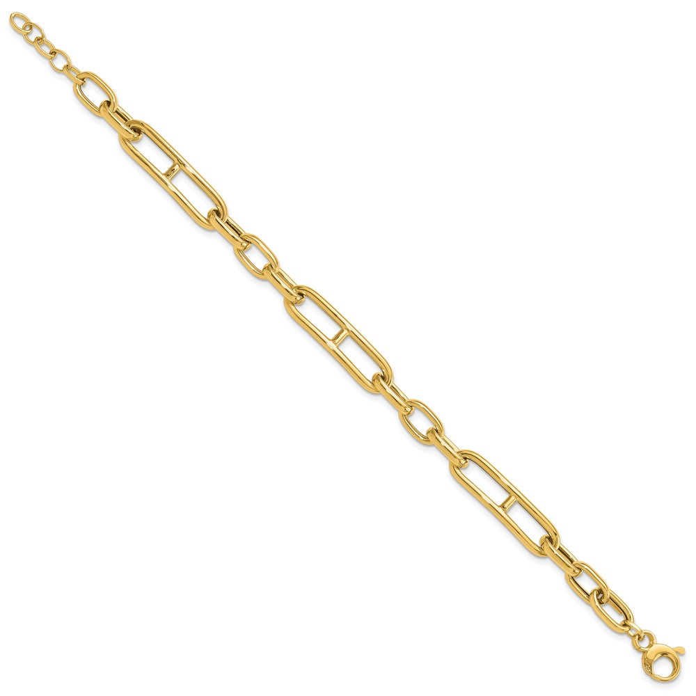 14K Yellow Gold Polished 7.4mm Fancy Paperclip Link Chain Bracelet Plus Extender
