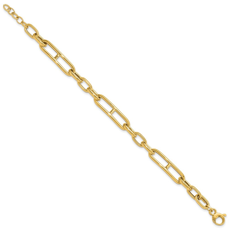 14K Yellow Gold Polished 7.4mm Fancy Paperclip Link Chain Bracelet Plus Extender