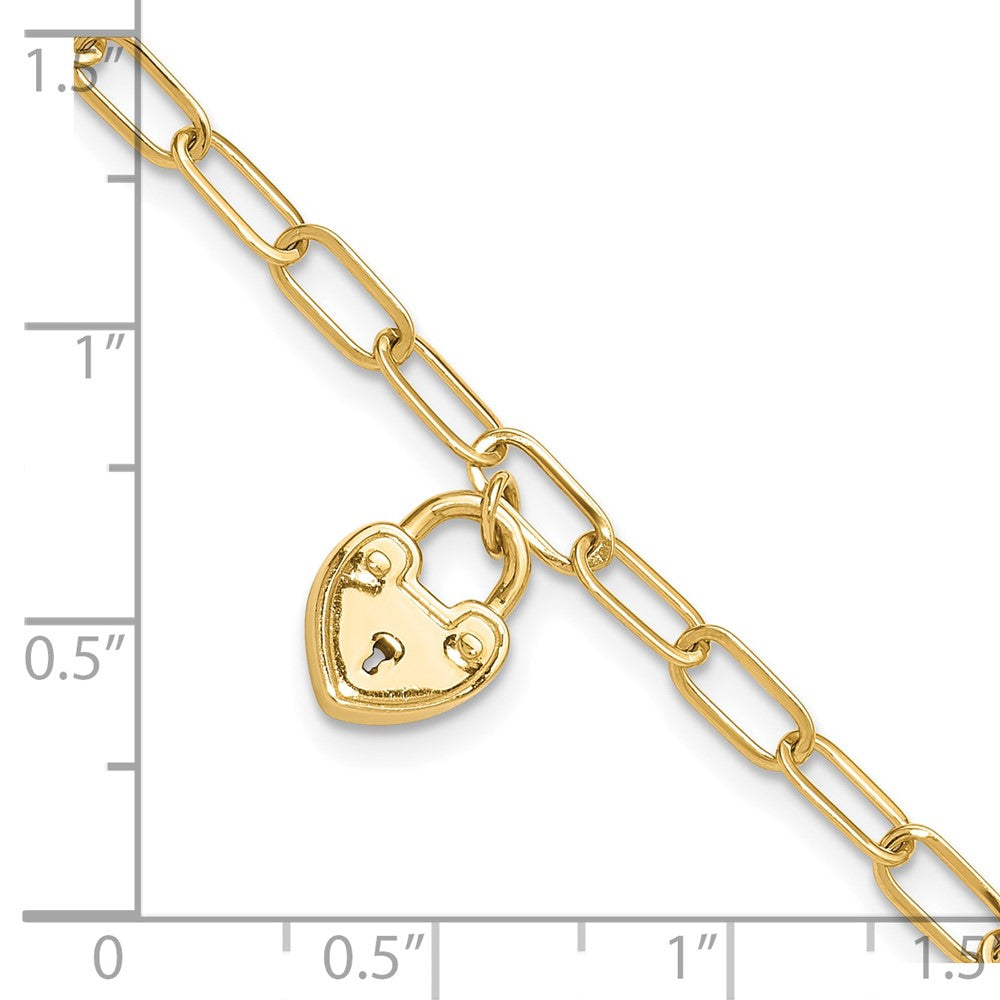 14K Yellow Gold Polished Heart Lock Charm Paperclip Link 7.5 Inch Bracelet