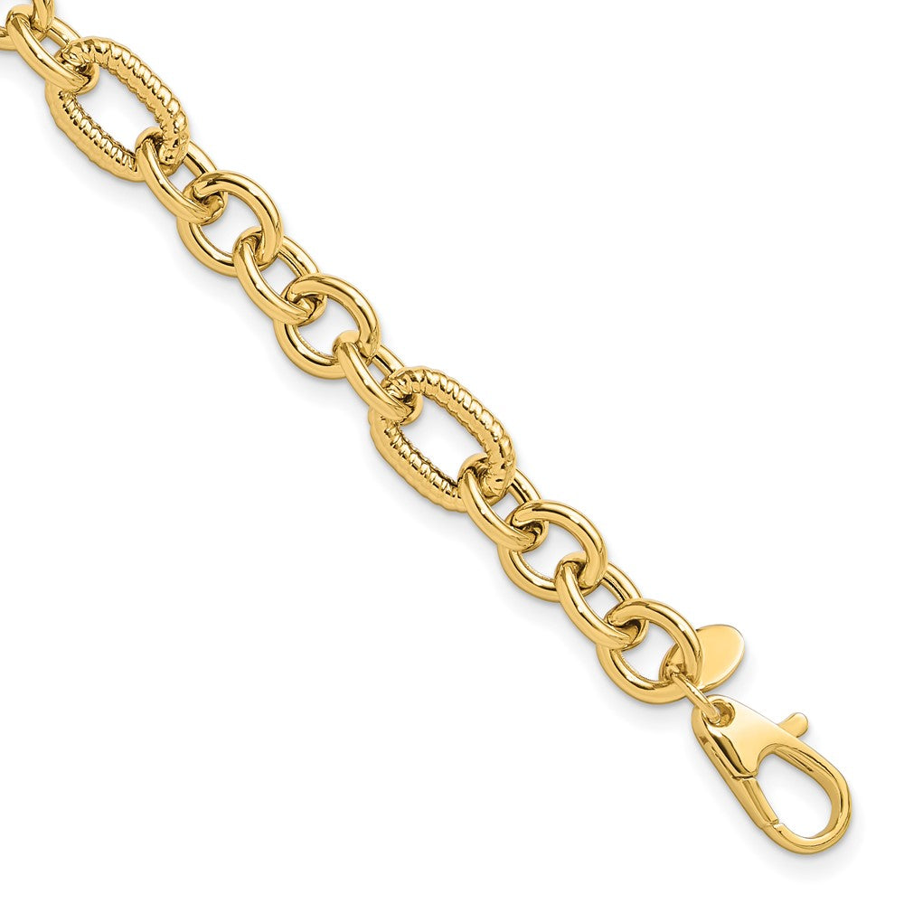 14K Yellow Gold Polished and Textured 6.4mm Fancy Link 7.5 Inch Bracelet