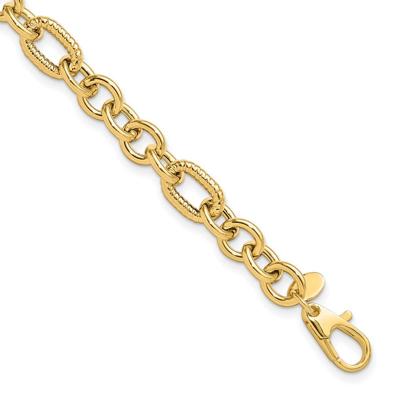 14K Yellow Gold Polished and Textured 6.4mm Fancy Link 7.5 Inch Bracelet