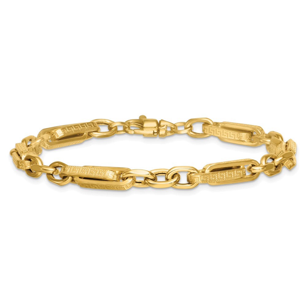 14K Yellow Gold Polished and Textured 4.8mm Greek Key Design Links 7.75 Inch Bracelet