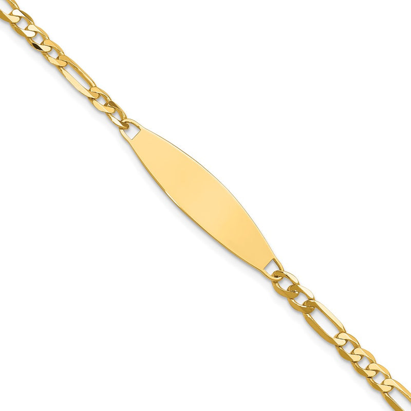 14K Yellow Gold Polished Solid Chain/Solid Plate 3.0mm Figaro Link 29x7.5mm Plate 7 Inch ID Bracelet