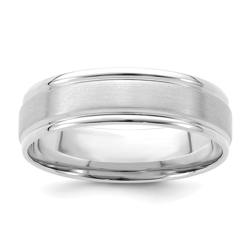 14K White Gold 6mm Lightweight Comfort Fit Brushed Satin/Polished Grooved Edge Wedding Band Ring