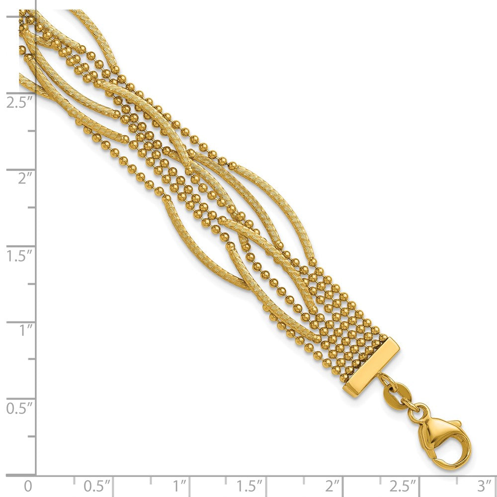 14K Yellow Gold Polished and Textured Multi Strand Beaded Chain Bracelet