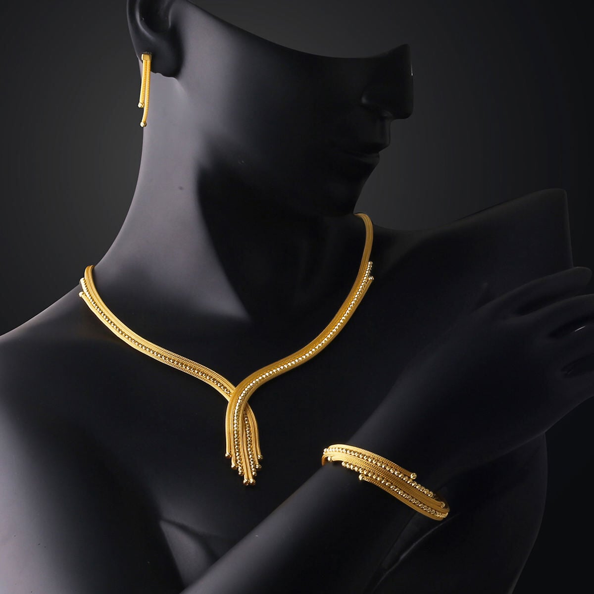 14K Yellow Gold Bead Engraved Braided Jewelry Set