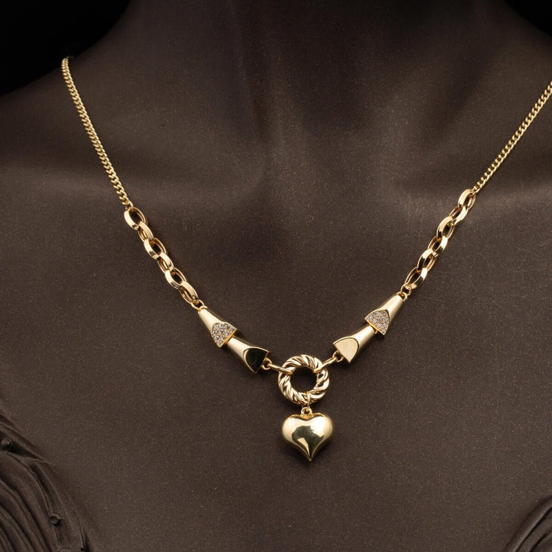 14K Yellow Gold Chain Heart Double Set with Cubic Zirconia