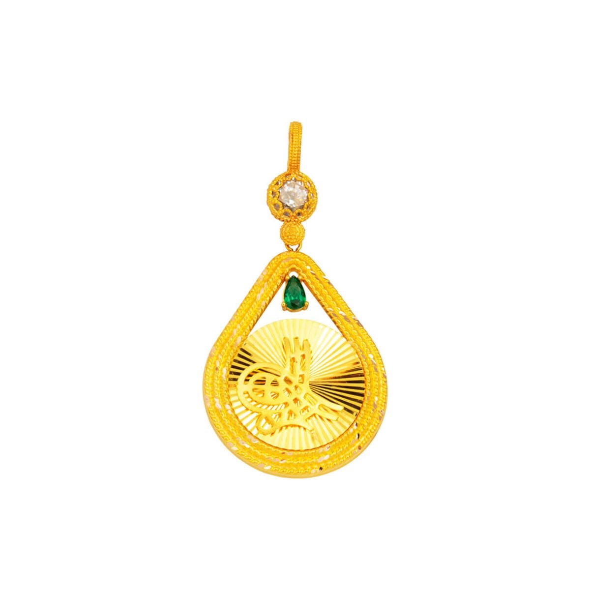 14K Yellow Gold Teardrop Ottoman Tughra Cubic Zirconia Pendant