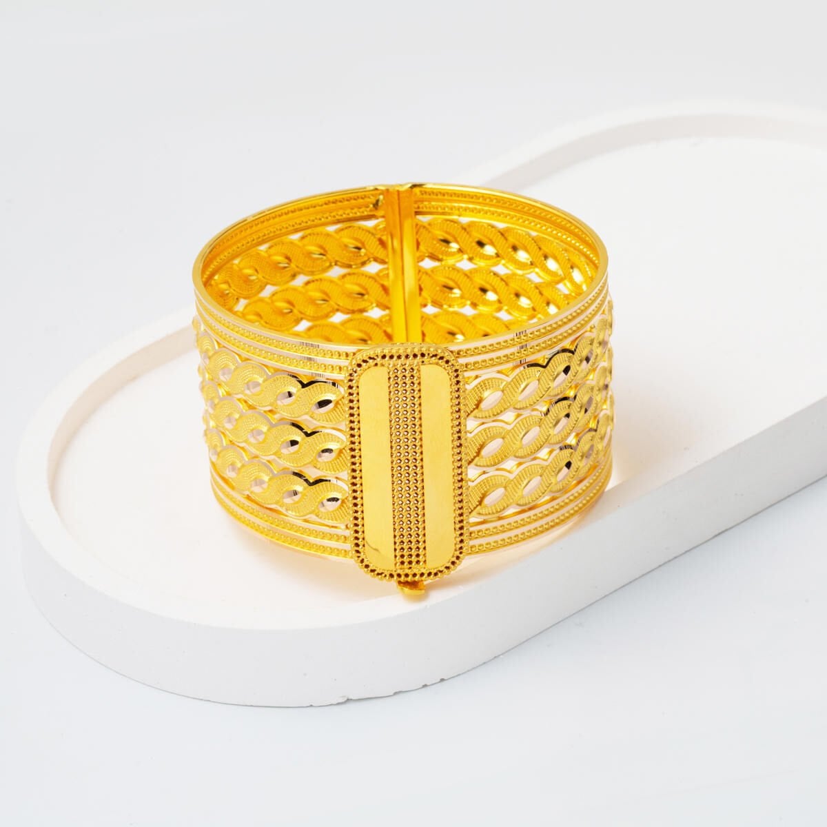14K Yellow Gold Buckle Braided Hinged Cuff Bangle