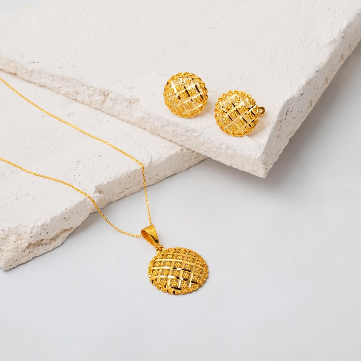 22K Yellow Gold Flower of Life Necklace and Earrings Jewelry Set