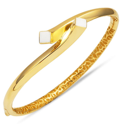 14K Yellow Gold Neva White Enamel Hinged Cuff Bangle