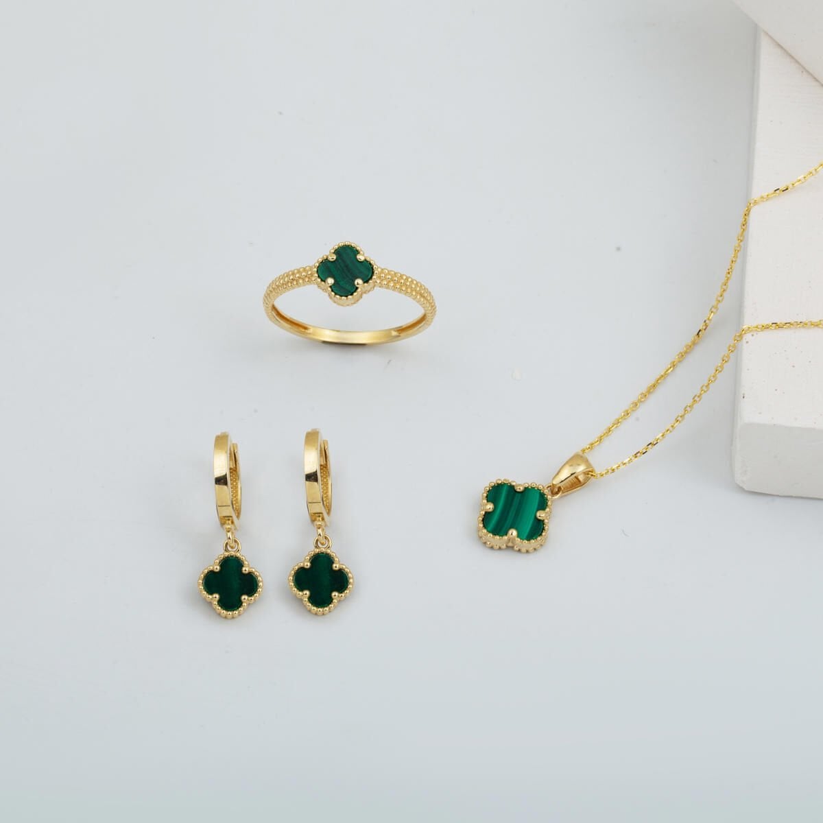 14K Yellow Gold Clover Green Cubic Zirconia Jewelry Set