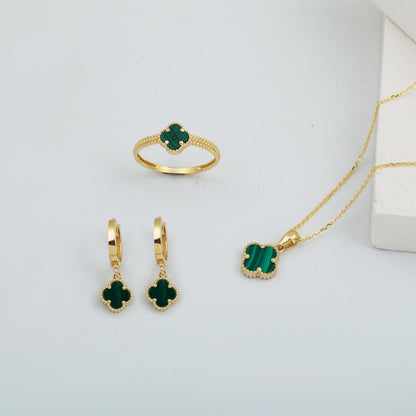 14K Yellow Gold Clover Green Cubic Zirconia Jewelry Set
