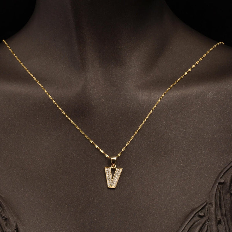 14K Yellow Gold V Initial Cubic Zirconia Necklace
