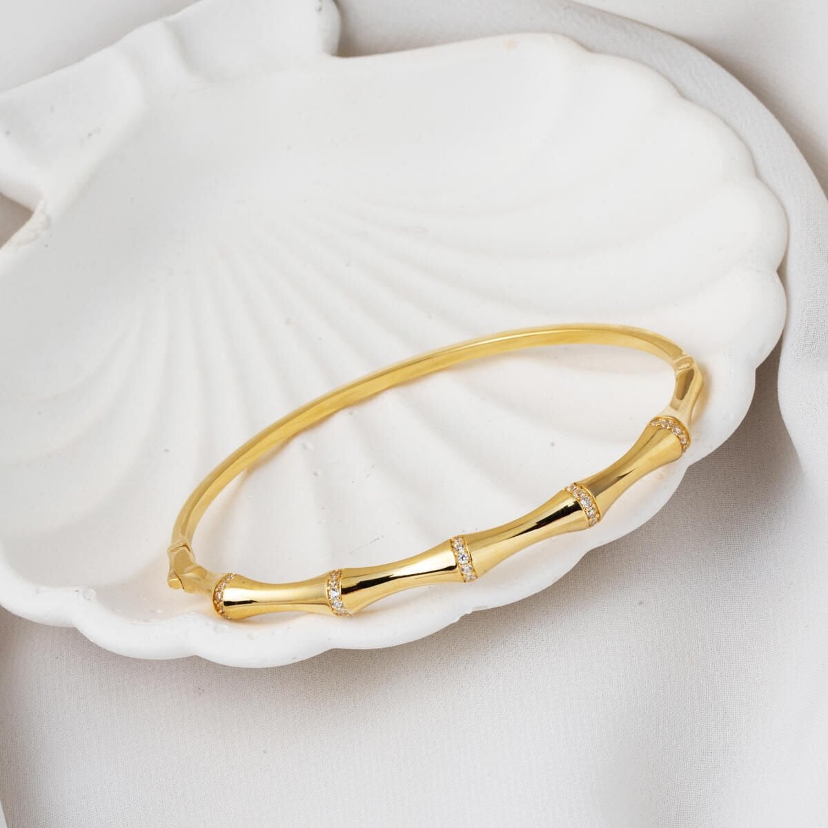 14K Yellow Gold Bone Hinged Cuff Cubic Zirconia Bangle
