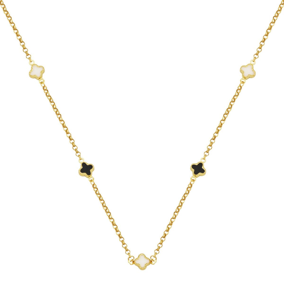14K Yellow Gold Designer Inspired Black White Clover Cubic Zirconia Necklace