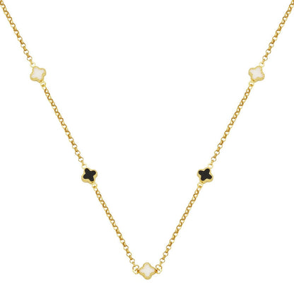14K Yellow Gold Designer Inspired Black White Clover Cubic Zirconia Necklace