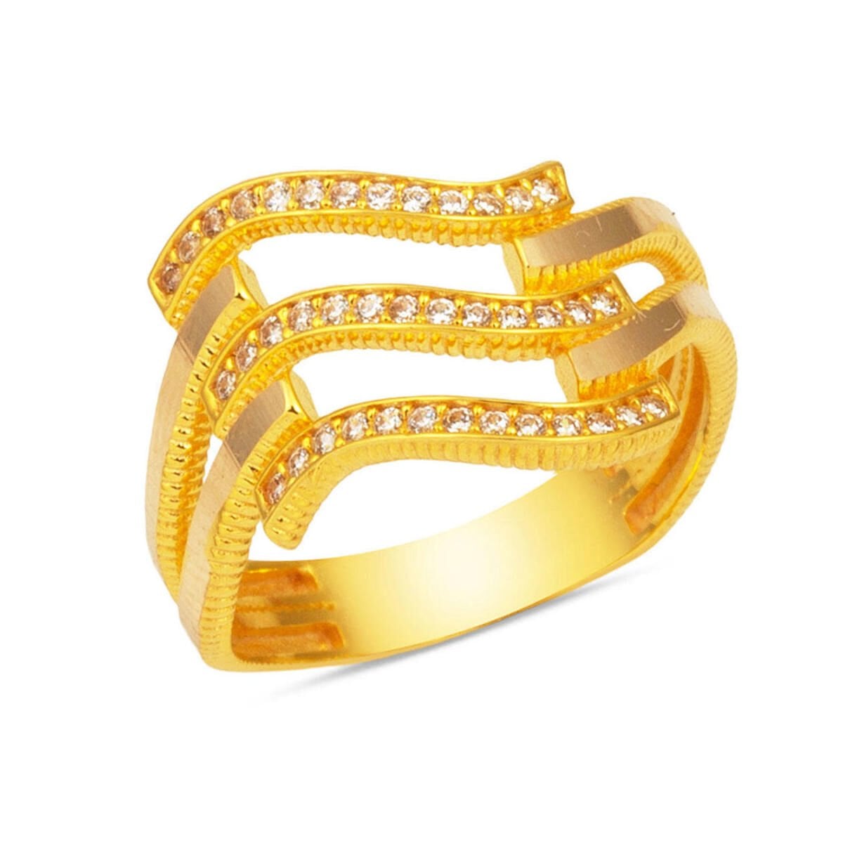 14K Yellow Gold Zigzag 3 Row Ribbed Cubic Zirconia Ring