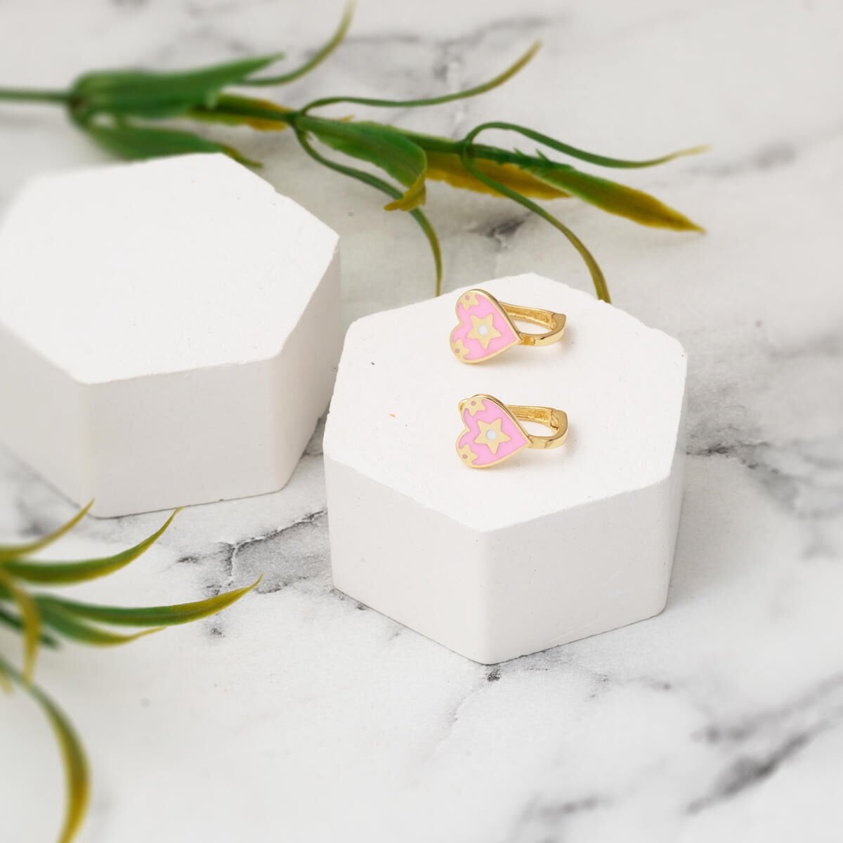 14K Yellow Gold Pink Heart Enamel Children's Earrings