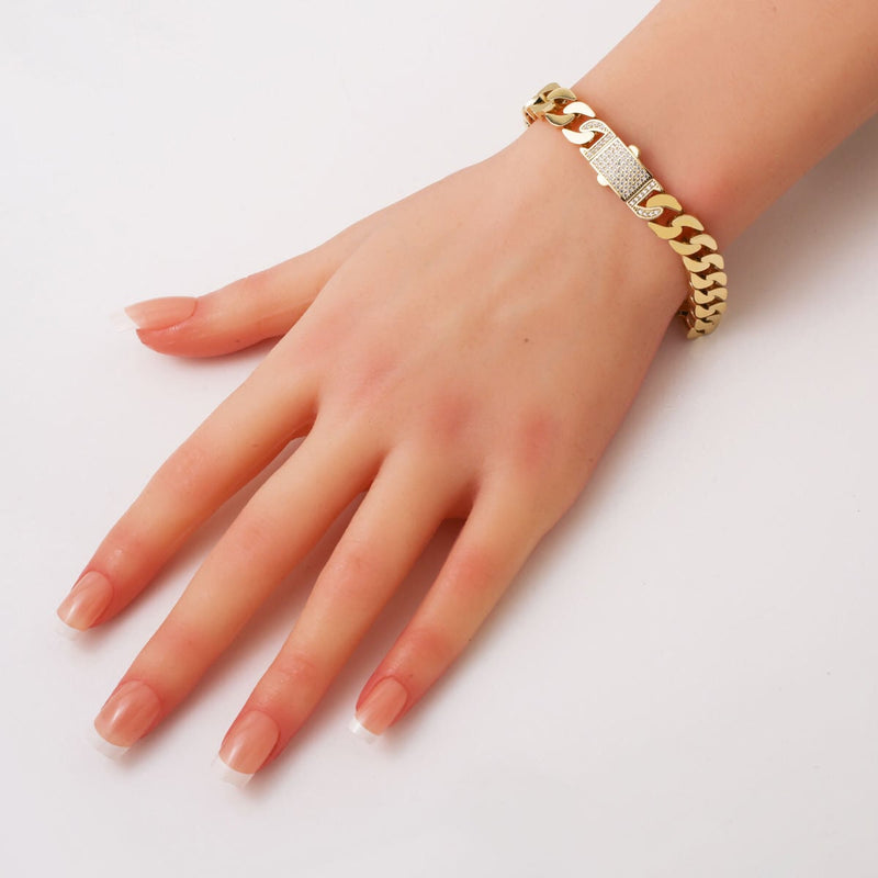 14K Yellow Gold Cuban Curb Chain Cubic Zirconia Bracelet