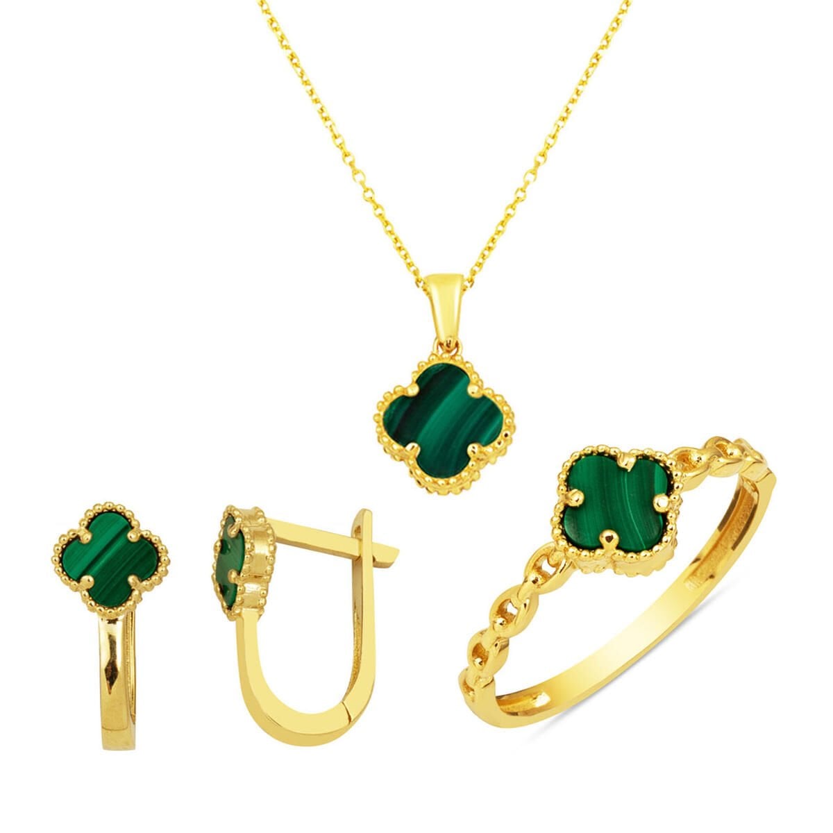 14K Yellow Gold Clover Green Cubic Zirconia Jewelry Set (5.8 g)