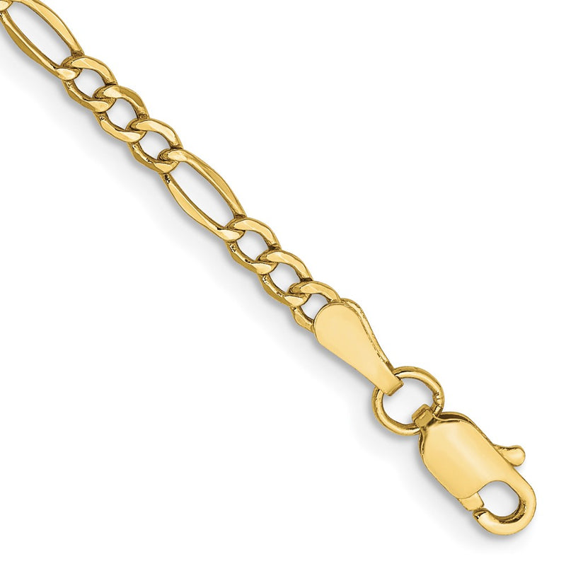 8 Inch 10K Yellow Gold 2.5mm Semi Solid Figaro Chain Bracelet