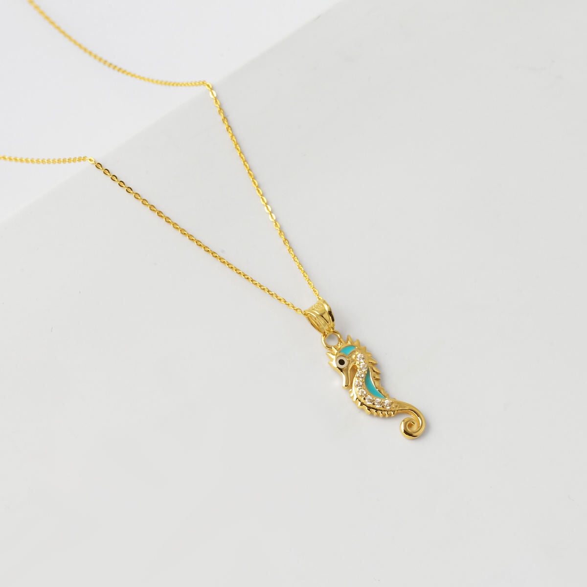 14K Yellow Gold Sea Horse Enamel Cubic Zirconia Necklace