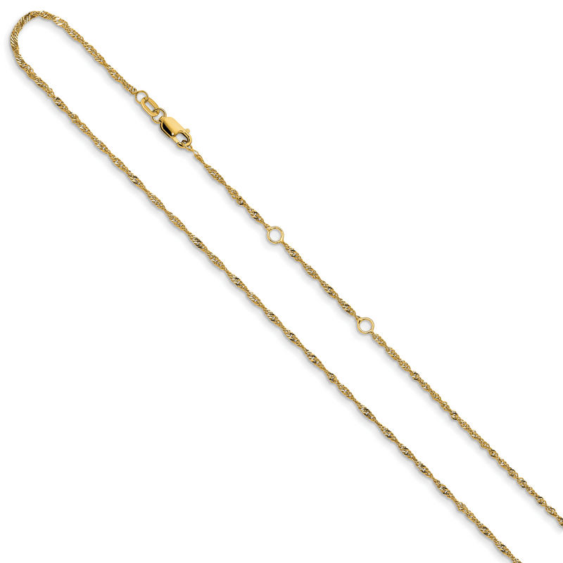 18 Inch 10K Yellow Gold 1.5mm Singapore 1In+1In Adjustable Chain Necklace