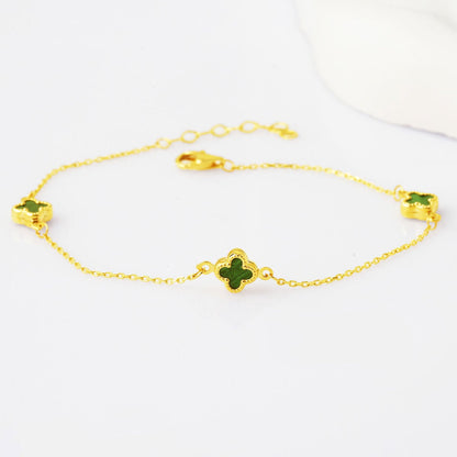 14K Yellow Gold Clover Green Glass Bracelet (1.48 g)