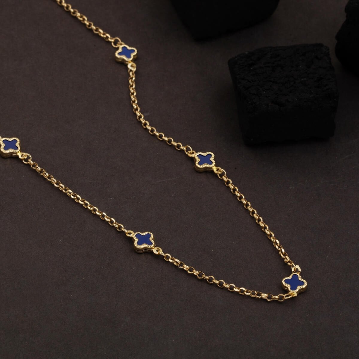14K Yellow Gold Navy Blue Clover Chain Cubic Zirconia Necklace