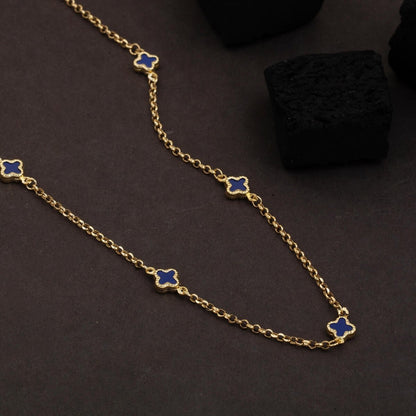 14K Yellow Gold Navy Blue Clover Chain Cubic Zirconia Necklace