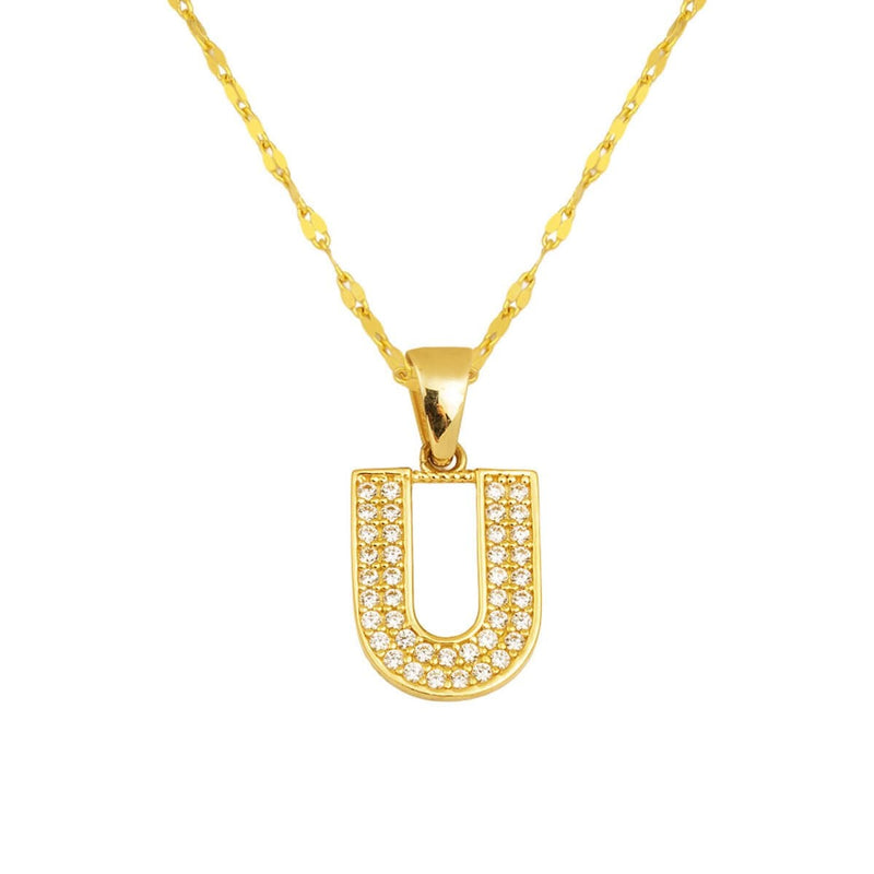 14K Yellow Gold U Initial Cubic Zirconia Necklace