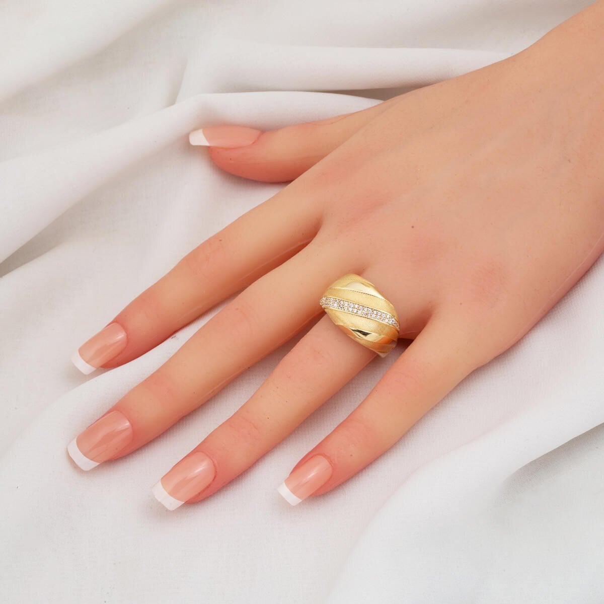 14K Yellow Gold Striped Cubic Zirconia Ring