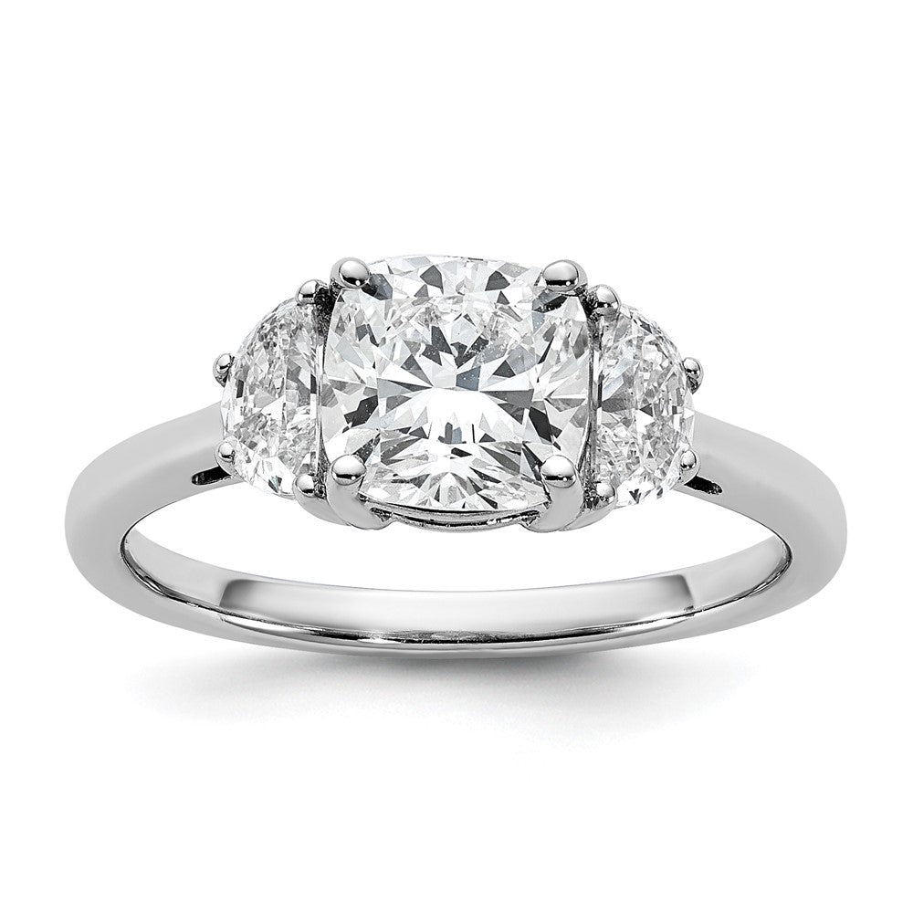 14K White Gold 2 carat Certified Lab Grown Diamond VS+ F+ Complete Cushion and Half Moon Three Stone Engagement Ring