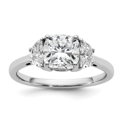 14K White Gold 2 carat Certified Lab Grown Diamond VS+ F+ Complete Cushion and Half Moon Three Stone Engagement Ring
