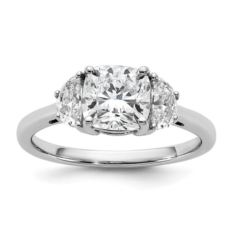 14K White Gold 2 carat Certified Lab Grown Diamond VS+ F+ Complete Cushion and Half Moon Three Stone Engagement Ring