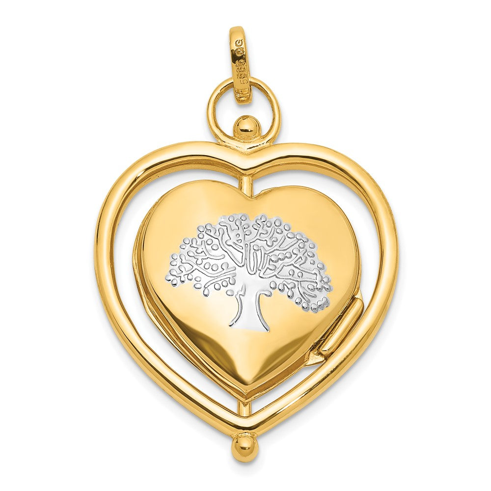 14K Yellow Gold and Rhodium Floral SPECIAL MUM and Tree in Spinning Frame Reversible 15mm Heart Locket