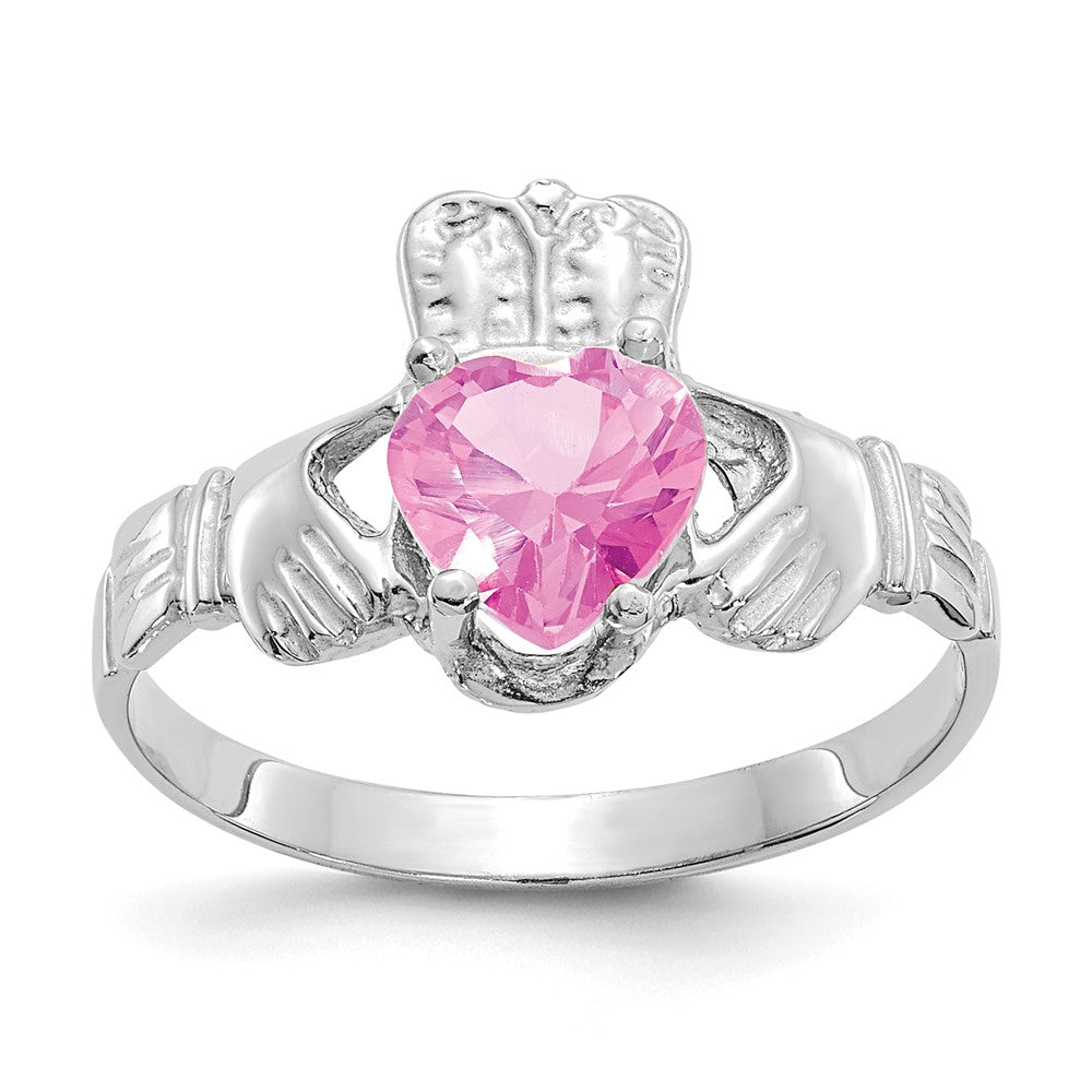 14K White Gold October CZ Heart Birthstone Claddagh Ring