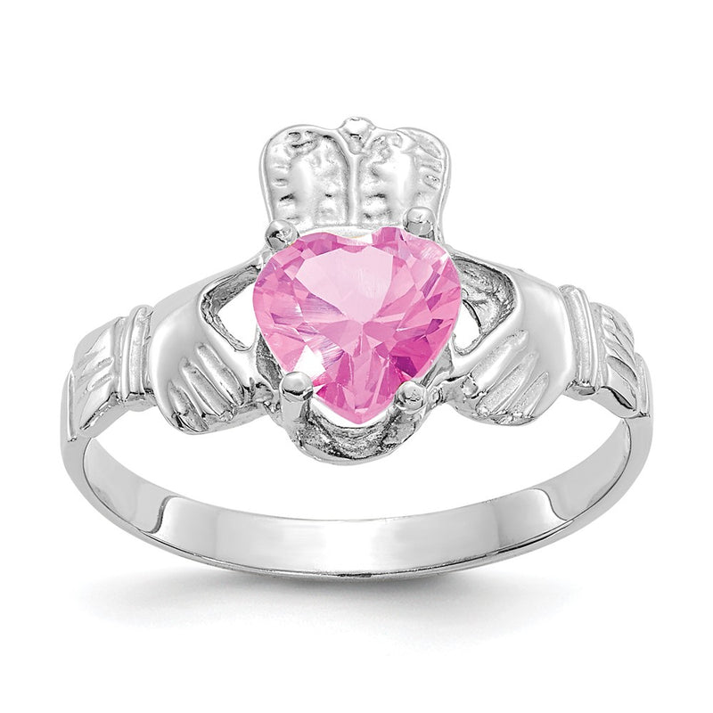 14K White Gold October CZ Heart Birthstone Claddagh Ring