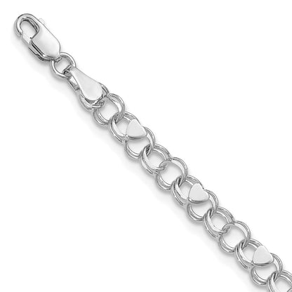 14K White Gold 4mm Solid Double Link with Hearts 7 Inch Charm Bracelet