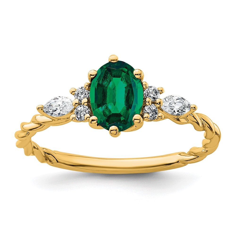 14K Yellow Gold Diamond and 7x5 Oval May/Lab Created Emerald Size 7 Twisted Ring