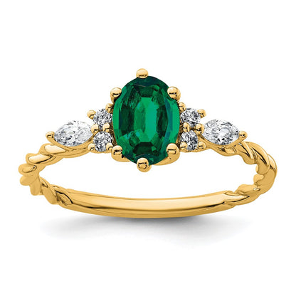 14K Yellow Gold Diamond and 7x5 Oval May/Lab Created Emerald Size 7 Twisted Ring