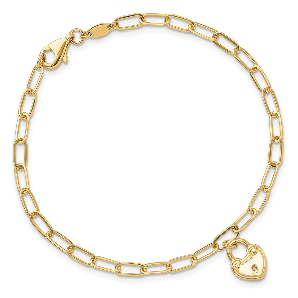 14K Yellow Gold Polished Heart Lock Charm Paperclip Link 7.5 Inch Bracelet