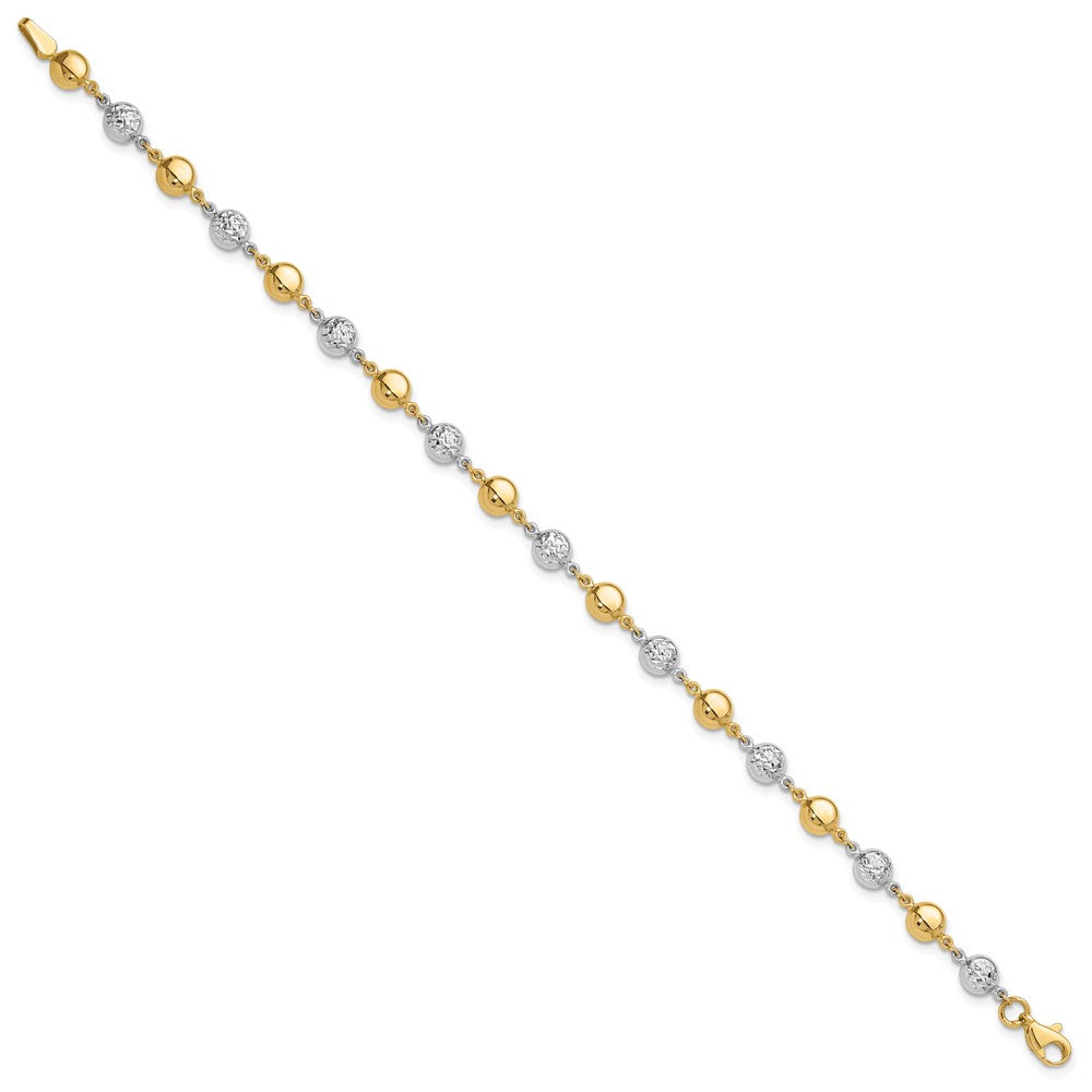 14K Two-Tone Gold Two-tone Polished and Diamond-cut Puffed Beads 7.75 Inch Bracelet