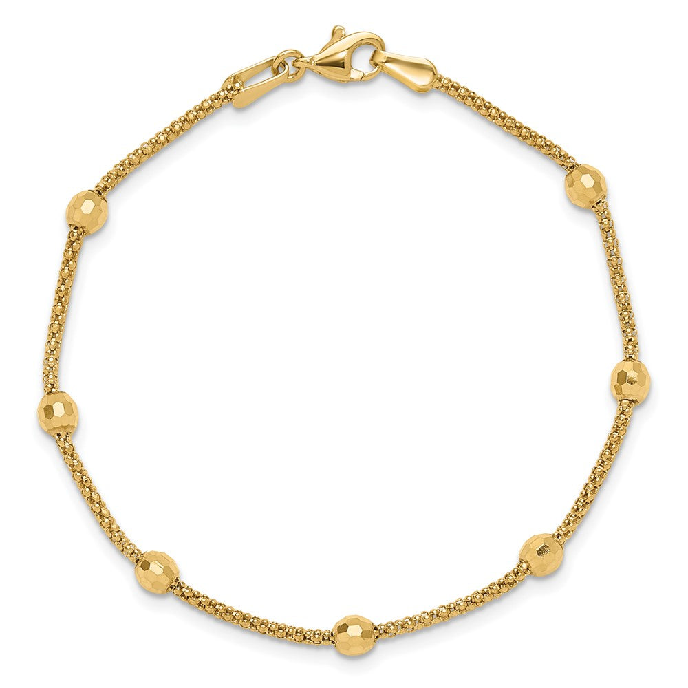 14K Yellow Gold Polished 7-Station Mirror Beads and Chain 7 Inch Bracelet