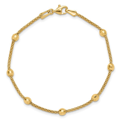 14K Yellow Gold Polished 7-Station Mirror Beads and Chain 7 Inch Bracelet