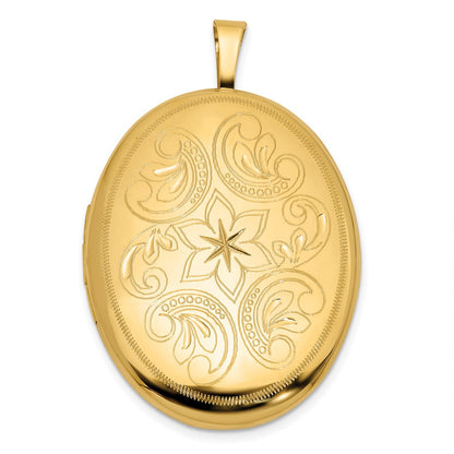 14K Yellow Gold Polished Floral Scrolled 20mm Oval Locket