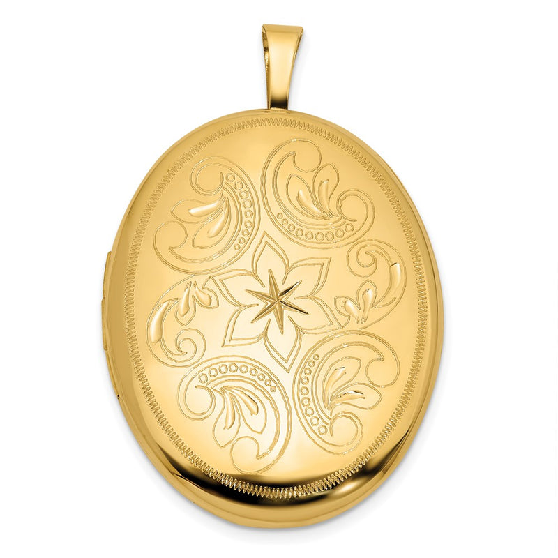 14K Yellow Gold Polished Floral Scrolled 20mm Oval Locket