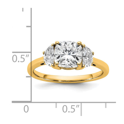 14K Yellow Gold 2 carat Certified Lab Grown Diamond VS/SI+ G+ Complete Cushion and Half Moon Three Stone Engagement Ring