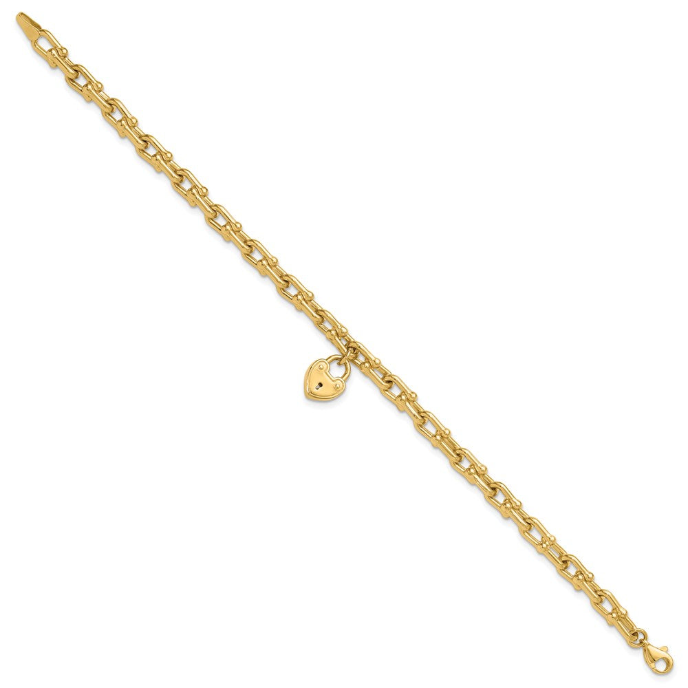 14K Yellow Gold Polished Heart Lock Charm Fancy Link 7.5 Inch Bracelet